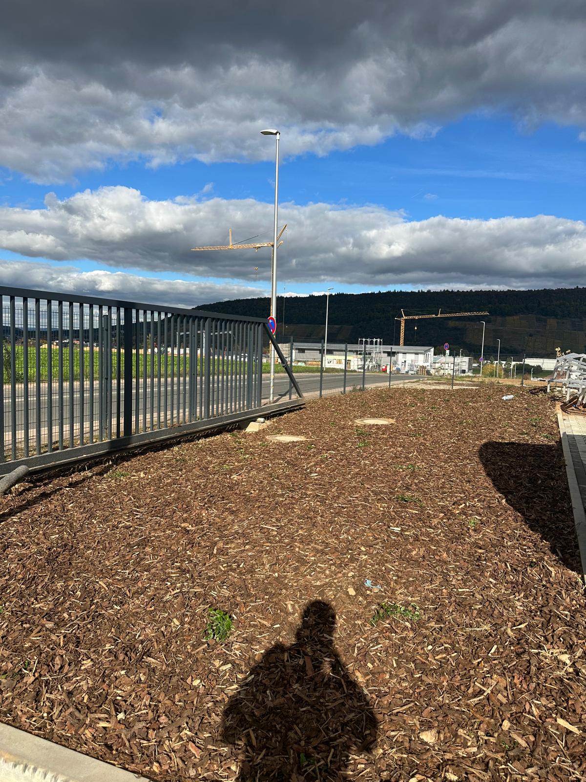 Neu gesetzter Metallzaun entlang einer angelegten Außenfläche mit Rindenmulch